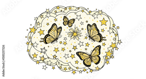 Whimsical butterflies fluttering amongst a starry celestial cloud illustration