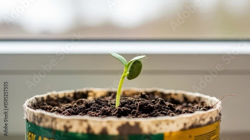 Young Sprout Emerging From Soil in a Recycled Container Near Window