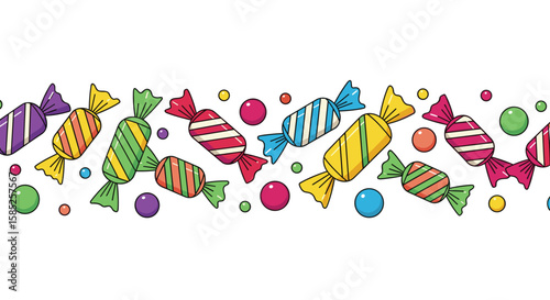 A delightful assortment of colorful wrapped candies and small round sweets arranged in a decorative border pattern