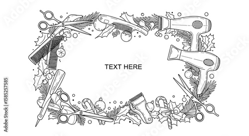 Artistic hand drawn hair salon styling tools border design for creative hairdressing professionals