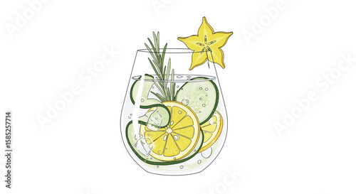 Refreshing cucumber lemonade infused with rosemary and star fruit garnish