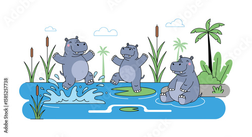 Three happy hippos dancing and playing joyfully in a beautiful water pond on a sunny day