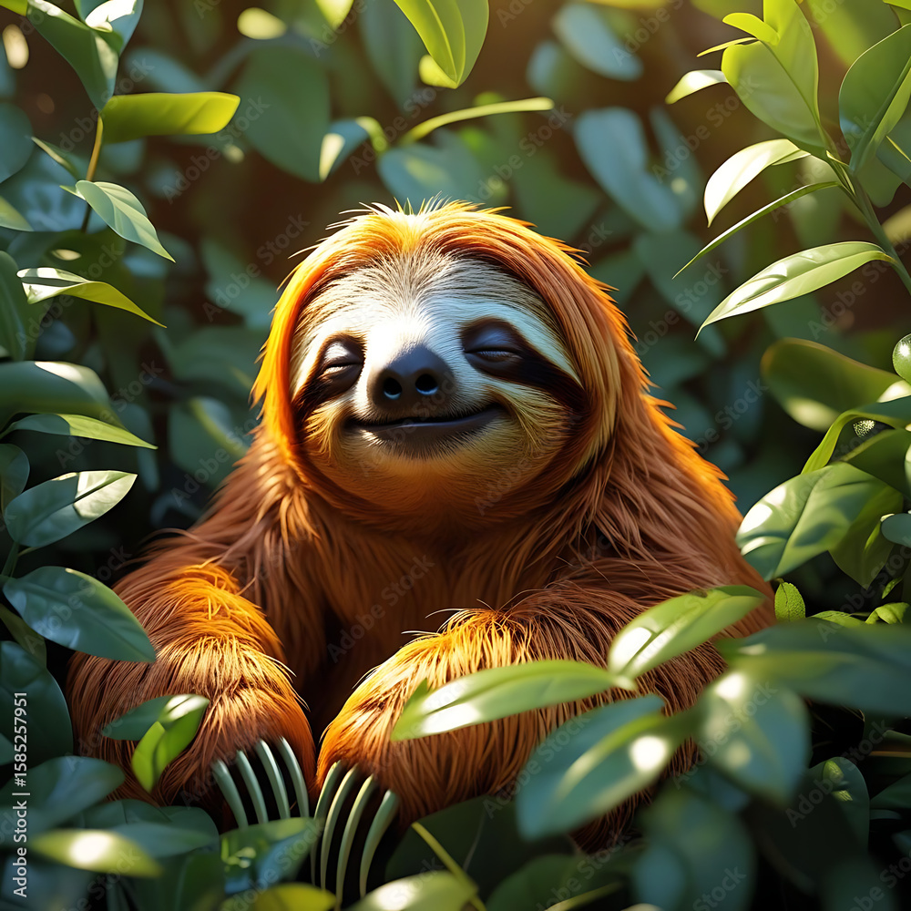 Obraz premium Peaceful Close-Up of Sloth Surrounded by Lush Leaves
