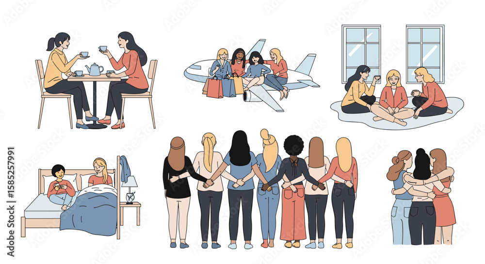 Naklejka premium Diverse female friendships and support networks in various everyday social settings