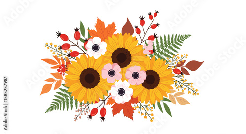 Autumn sunflower bouquet with ferns and berries autumn foliage decoration