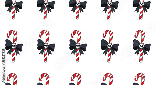 Gothic candy canes with black bows and skulls festive holiday pattern design