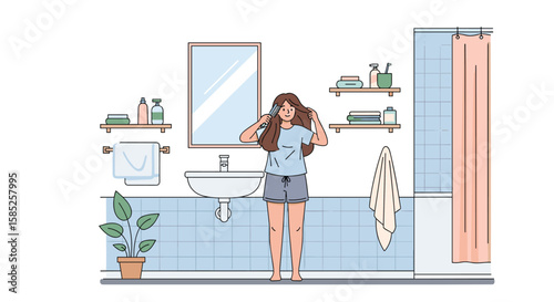 Young woman brushing her long hair in a bright modern bathroom morning routine self care