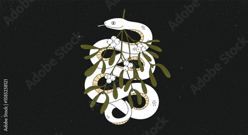 Festive white serpent twined with green mistletoe branch hanging against starry night sky