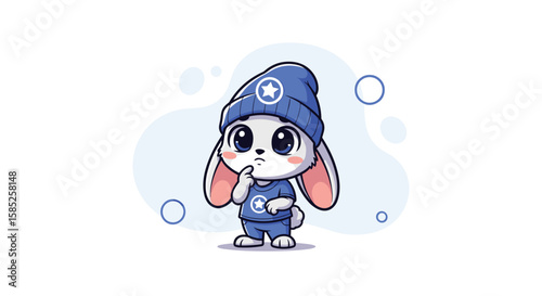 Adorable kawaii bunny wearing blue winter clothes thinking deeply about something