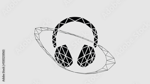 Geometric headphones float above a wired sphere, creating a modern, minimalist style audio technology design.