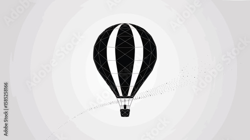 An artistic hot air balloon gracefully ascends, its low poly design highlighted against a soft background, creating a peaceful scene.
