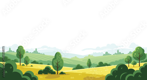 Pixel art rural landscape with rolling hills and lush green trees under a hazy sky