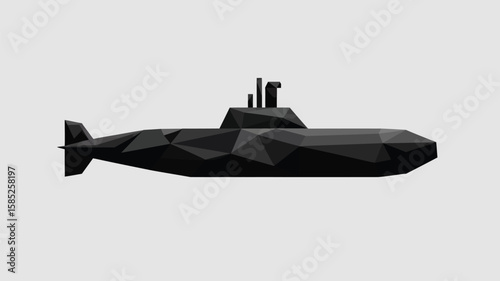 Low poly black submarine floats silently, a geometric illustration of modern naval vessel with detailed facets and stark monochrome tones.