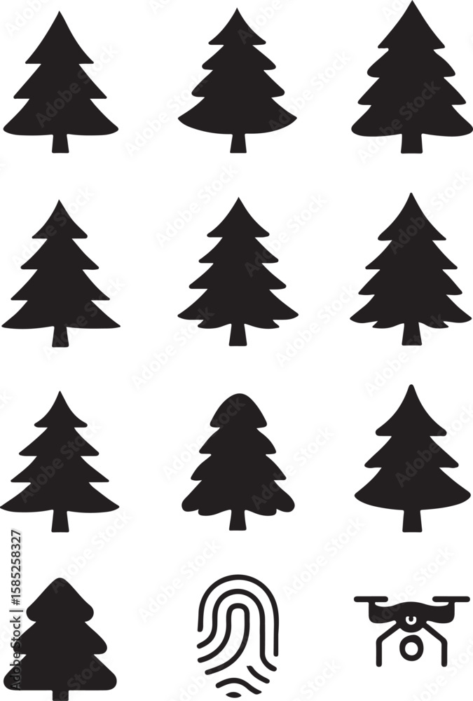 Obraz premium Collection of Simple Evergreen Tree Icons and Drone, Fingerprint Symbols