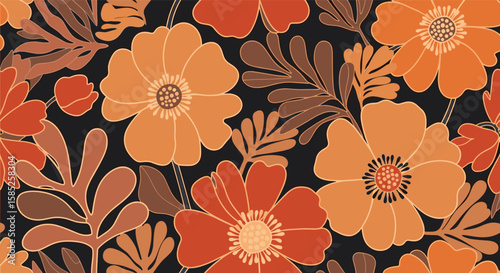 Vibrant retro autumn floral pattern with bold colors and stylized leaves