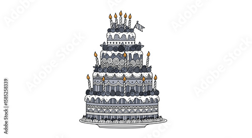 A multi-tiered pixelated cake with many candles for a special occasion celebration