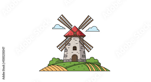 A historic stone windmill stands proudly on a verdant hilltop underneath the open sky