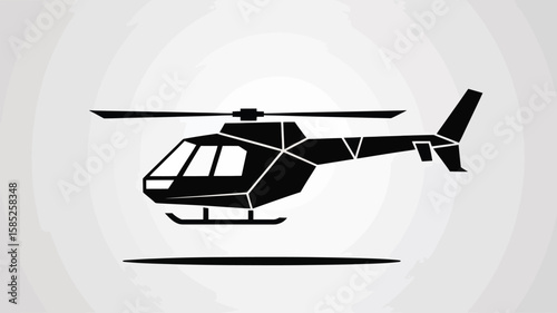 Sleek helicopter silhouette soars with geometric precision, a modern aviation symbol in bold black against a clean backdrop.