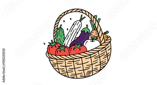A wholesome harvest basket overflowing with fresh garden vegetables and fruits