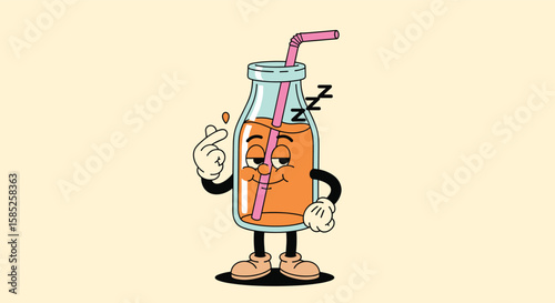 Artistic illustration of a cartoon orange juice bottle with sleepy eyes and a straw taking a break