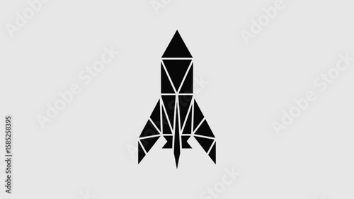 Geometric rocket ascends in a minimalist style, constructed from triangles against a clean backdrop.