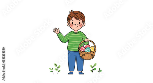 Happy little boy with easter egg basket waving hello among spring flowers