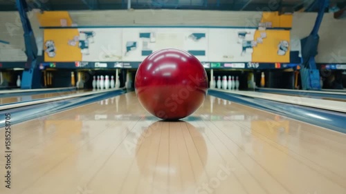 Bowling Ball Rolling on Lane Toward Super Strike Hit