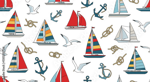 Nautical sailing adventure pattern featuring boats anchors and seagulls