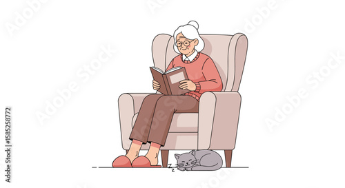 Elderly woman relaxing reading a book in a comfortable armchair with her pet cat nearby