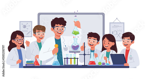 Happy Students Doing Science Experiments in Laboratory – Flat Vector Illustration