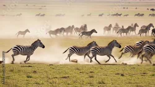 Zebras Running Across African Savanna, Kicking Up Dust, Wildlife in Motion