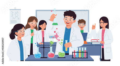 Happy Students Doing Science Experiments in Laboratory – Flat Vector Illustration