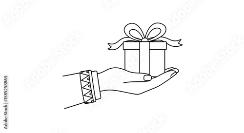 Hand presenting gift box with ribbon bow receiving surprise package offering joyful occasion celebration