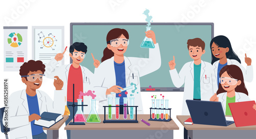 Happy Students Doing Science Experiments in Laboratory – Flat Vector Illustration
