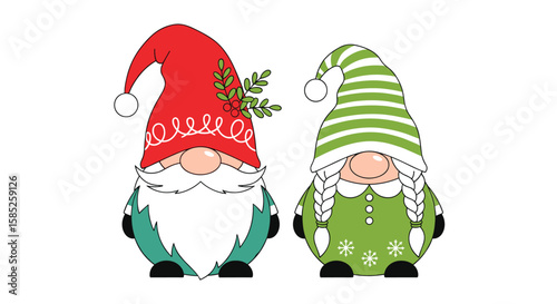 Festive holiday gnomes pair with winter foliage and snowflakes