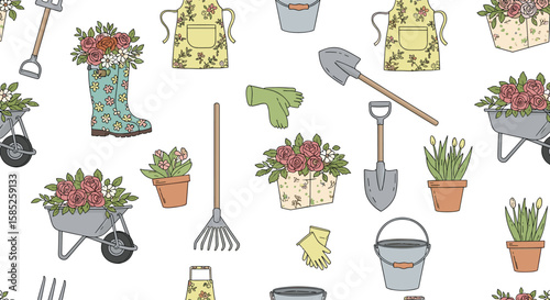 Charming garden tools flowers boots watering cans aprons and plants pattern design
