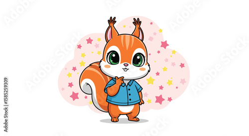 Chubby cartoon squirrel wearing a blue buttoned shirt with big green eyes standing amidst pink clouds and stars