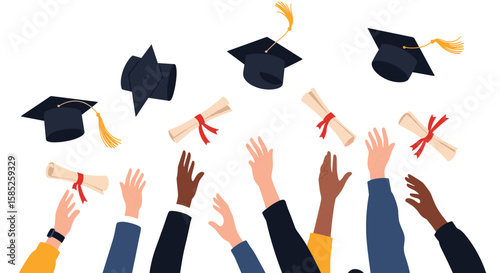 Diverse graduates celebrate academic achievement by tossing caps and diplomas in celebration