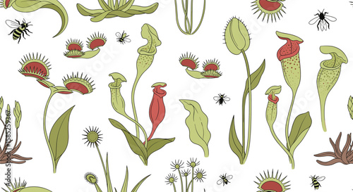 Enchanting botanical pattern featuring carnivorous plants and insects in a whimsical nature design