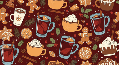 Festive winter hot drinks and gingerbread cookies holiday celebration
