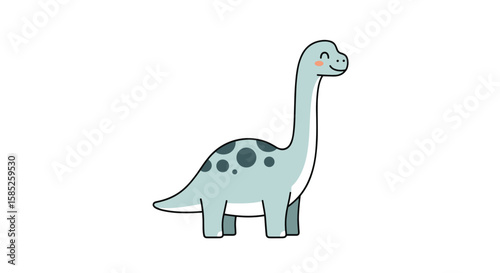 Cute light blue cartoon dinosaur with dark spots and a long neck smiling happily