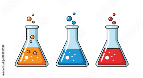 Three erlenmeyer flasks with different colored liquids bubbling upward illustrated