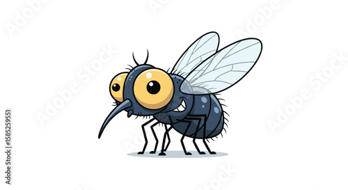 A quirky cartoon fly with big round eyes and a long snout hovering mid-air ready for action
