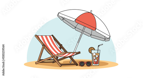 Relaxing beach scene with deck chair umbrella and tropical drink under a blue sky