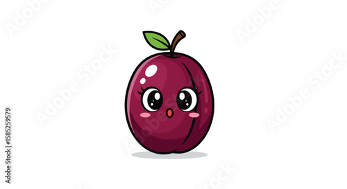 Adorable kawaii plum character with big eyes and cute blush accents