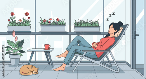 A woman enjoys a peaceful afternoon nap on a balcony with a companion cat