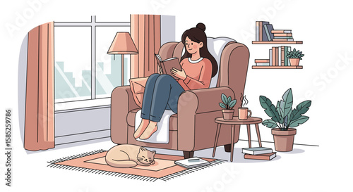 Cozy scene of woman reading a book in a comfortable armchair next to a window with a sleeping cat and plants