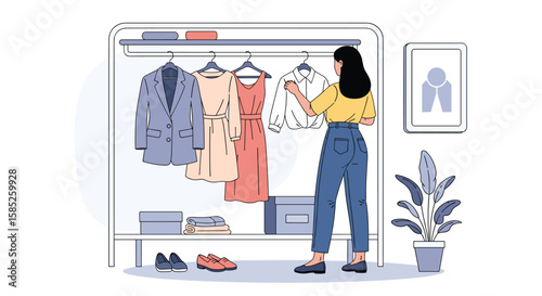 Young woman organizes her clothes fashionable wardrobe choosing outfit for the day activity