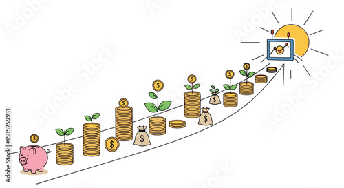 Financial growth journey from piggy bank towards bright future success