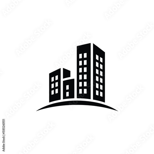 Black and White Building Silhouette with Curved Base Illustration
